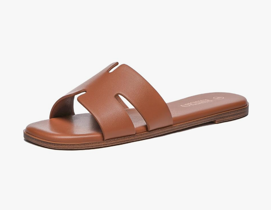 Rihero Women's Dressy Flat Sandals Comfortable Slip On Leather Slide Sandals, Size 9