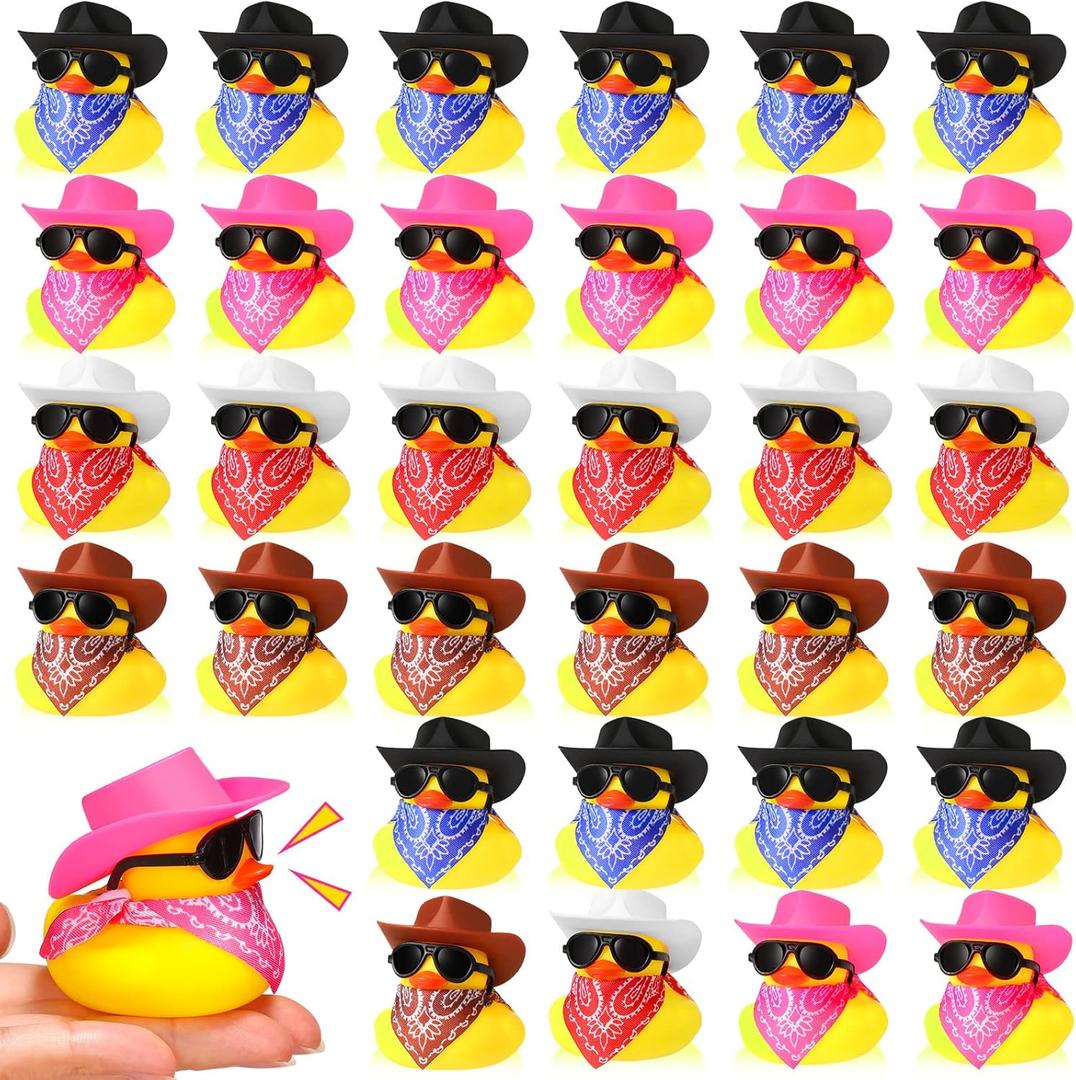 Sosation 36 Set Cowboy Rubber Duck Mini Yellow Duckies Bath Toy Tiny Ducks Bathtub Toy with Cowboy Hat Paisley Bandanas Sunglasses Dashboard Decor for Summer Baby Shower Birthday Party(Cute Style)
