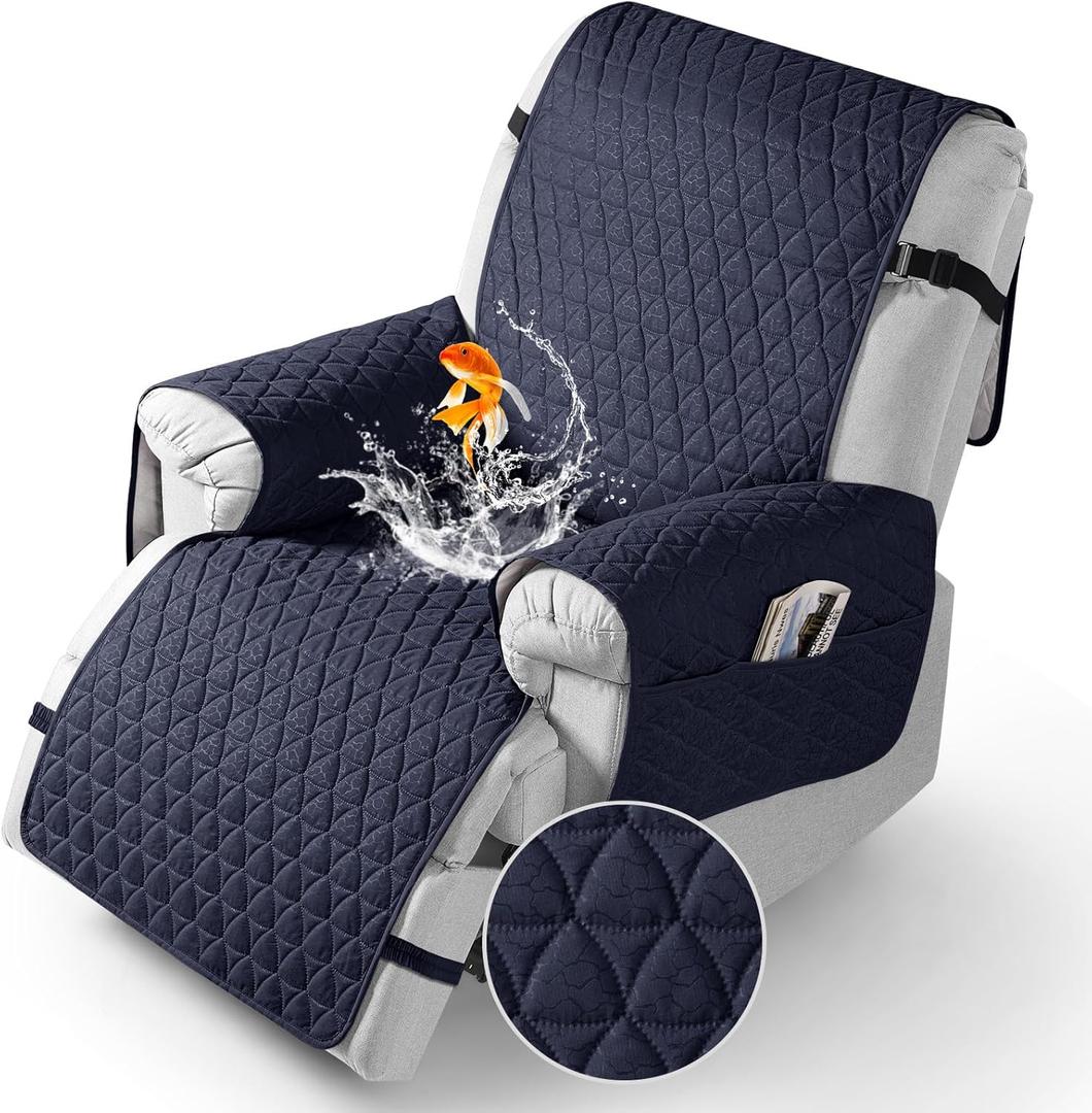 TAOCOCO 100% Waterproof Recliner Cover - Recliner Cover with Non-Slip Granule, Recliner Chair Covers with Elastic Band, Recliner Chair Covers for Reclining Chair(Dark Blue, Large-28'')