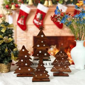 2 x 4 Pieces Wooden Christmas Trees Tabletop Decor - Rustic Farmhouse Xmas Centerpieces, Tiered Tray Decor for Home Office Party Holiday