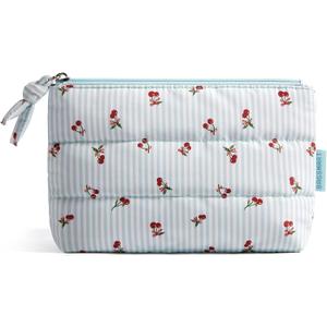 BAGSMART Small Makeup Bag, Puffy Portable Cosmetic Pouch with Charm Zipper, Water-Resistant Travel Organizer for Women (Ditsy Cherry Print, Small)