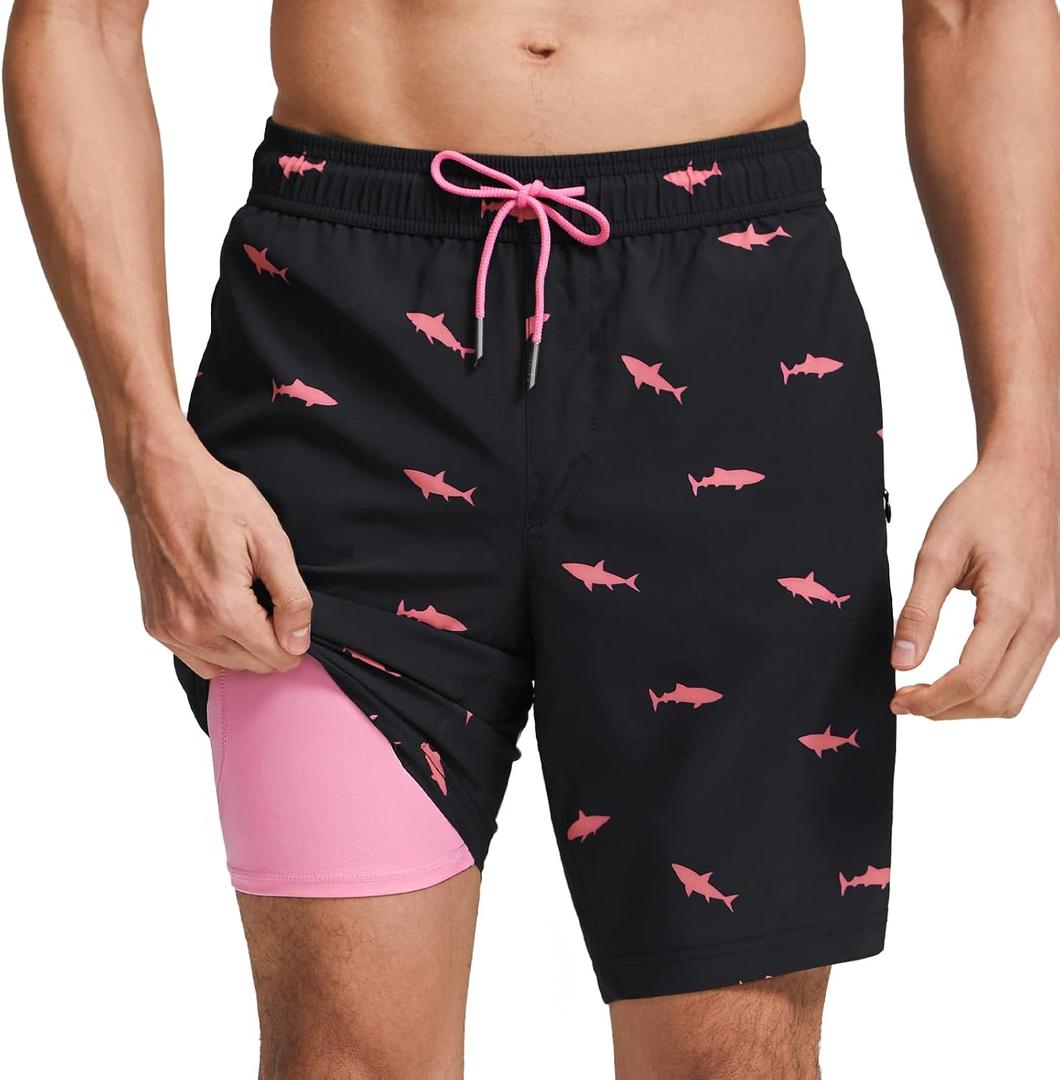 maamgic Mens Swim Trunks with Compression Liner 9 Inch Stretch Quick Dry Swim Shorts with Zipper Pockets Swimwear Black-Pink Shark 3X-Large
