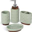 RQYIXI 4 Piece Bathroom Accessories Set, Green Ceramic Bath Accessory Set with Wood Accents, Soap Dispenser, Toothbrush Holder, Tumbler and Soap Dish, Elegant Bathroom Countertop Decor