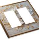 Decorative Art Light Switch Covers Elegant Gold White Floral 2 Gang Dual Rocker Outlet Wall Plate Switchplate Electrical Faceplate for Home,BathRoom & Living Room Decor