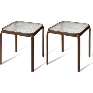 Bronze Metal Outdoor Side Table with Tempered Glass Top Set of 2 Elegant Small 16" Square Patio Table Durable Weather-Resistant Coffee Bistro Accent End Table for Outside and Garden, Standard