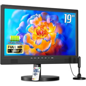 Desobry 19 Inch Portable TV with Digital ATSC Tuner, Small TV with Built-in 8000mAh, Portable Monitor with 1080P HDMI Input, AV Input, USB, SmallTV for Travel, Camping, RV, Kitchen, Patio (Round Stand)