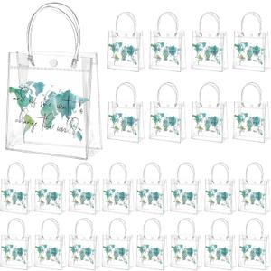 Teenyyou 24 Pcs World Map Party Favor Bags Adventure PVC Gift Bags with Handles Blue Plastic Candy Treat Tote Gift for Birthday Party Supplies(World Map)