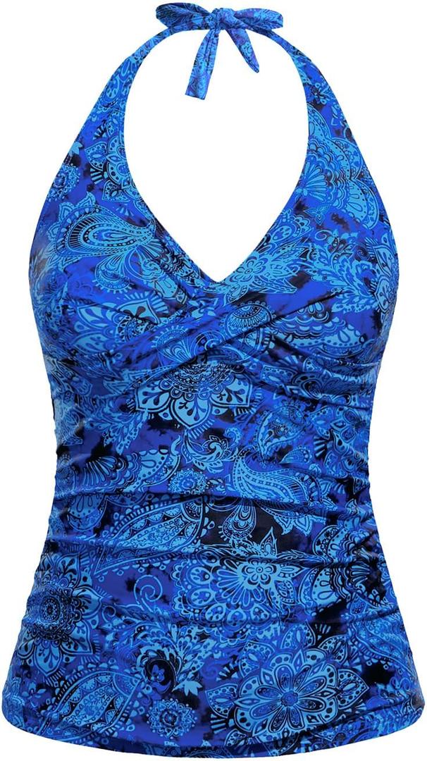 Tempt Me Womens Tankini Top Halter Tummy Control Swim Tops Only Twist Front V Neck Bathing Suit No Bottom (Blue Paisley), M