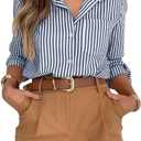 Siliteelon Button Down Dress Shirts for Women Striped Shirts Long Sleeve Casual Collared Office Work Shirt with Pocket Dark Blue and White, XS