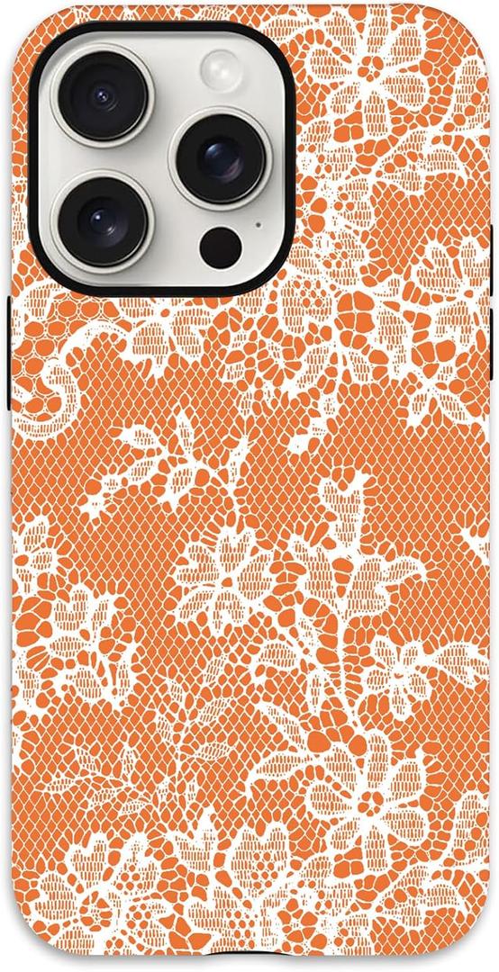 for iPhone 16 Pro Max Case, Cute Vintage Lace Flower Pattern Phone Case for Women Girls, Aesthetic Elegant Hybrid 2-Layer Hard Shell Protective Cover, Orange & White Floral Lace