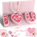 Velvet I Love You Box with 15 Artificial Pink Roses Flower and Greeting Card Pink I Heart You Empty Flower Gift Box Letter Shaped Gift Packaging for Mother's Day Wedding Birthday