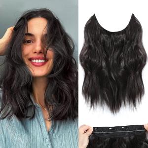 Halo Hair Extensions 12 Inch Invisible Wire Hair Extensions Adjustable Long Wavy Hairpiece Synthetic Upgrade 4 Secure Clips in Hairpieces 12 Inch,Black Brown