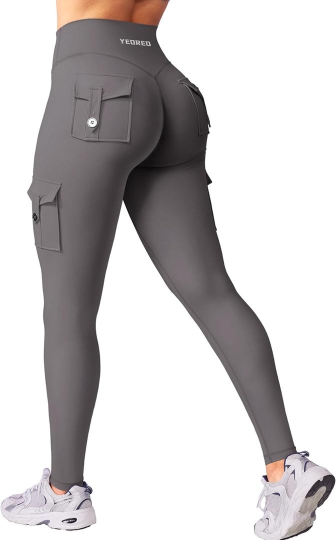 YEOREO CoreFlex Workout Cargo Leggings with Pockets for Women Hidden Scrunch Butt Lifting Leggings Gym Yoga Pants (Small, Dark Grey)