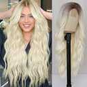 NAYOO 26" Long Wavy Blonde Wig for Women, Platinum Blonde Wig with Dark Roots, Natural Looking Wavy Synthetic Wig, Soft Long Ombre Blonde Wig for Daily Wear Party Cosplay
