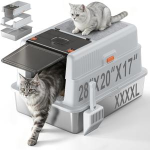 XXXXL Stainless Steel Litter Box with Lid,28.0" L 20" W 17" H Extra Large High Sided Cat Litter Box for Multi -Cats,Enclosed Metal Litter Box with Cat Scratcher and Scoop,Grey