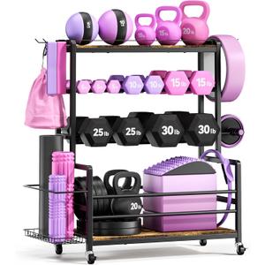 Dumbbell Rack with Wheels, 3-Tier Home Gym Storage Rack, Workout Equipment Organizer with Lockable Casters, Hooks, Side Basket and Wood Shelves