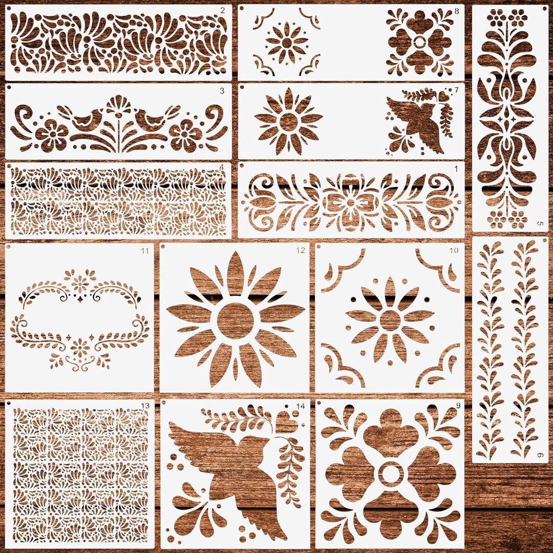 14 Pcs Talavera Stencils for Crafts, Resuable Cake Stencils,Mexican Floral Stencil for Furniture Wood Wall Canvas Floor, Border Stencil for Painting Fabric DIY Projects Christmas