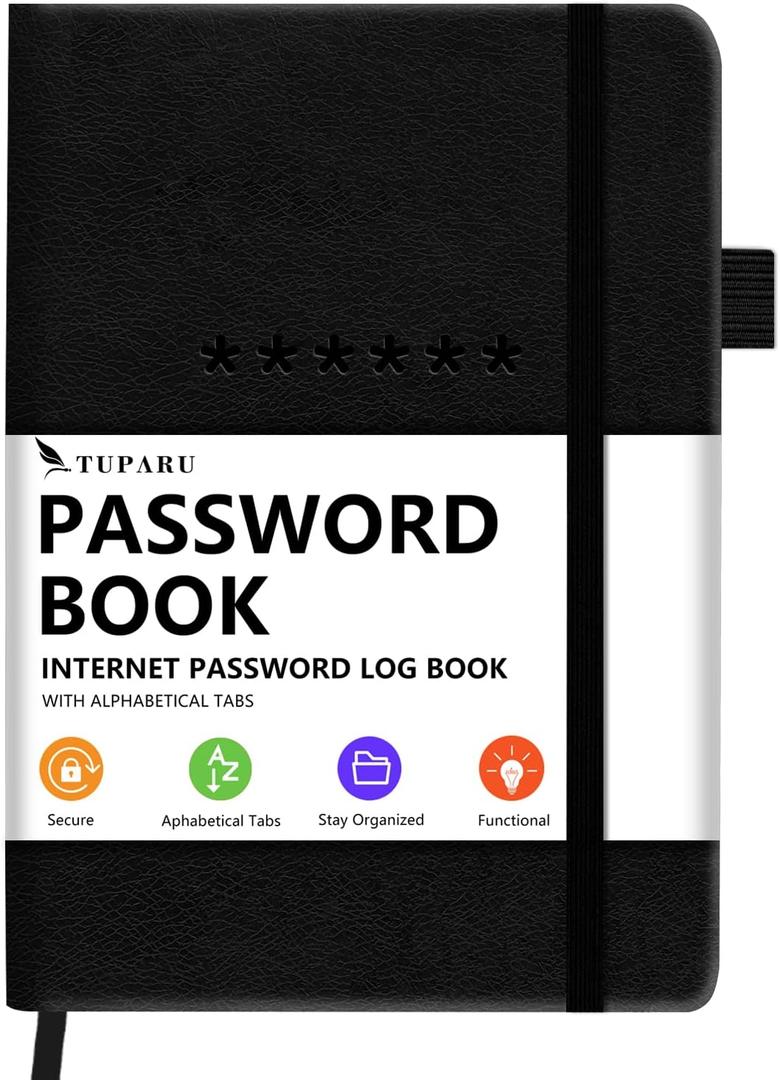 Password Book with Alphabetical Tabs  Hardcover Internet Address & Password Organizer  Password Keeper Notebook for Computer & Website  5.2 x 7.6" Log-in Password Journal w/Thick Paper (Black)