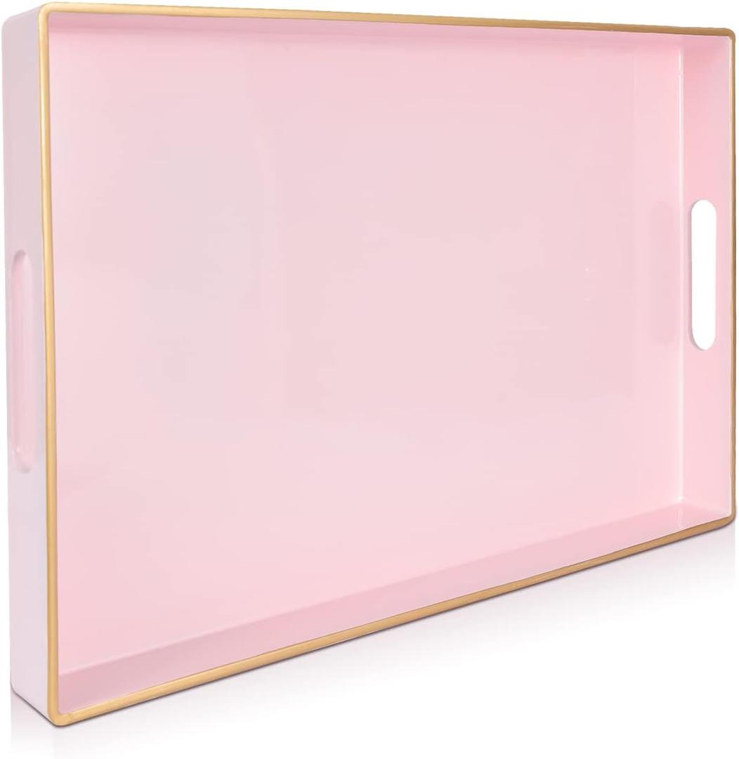 Gifturbo Pink Serving Trays,Decorative Serving Tray with Handles, Coffee Table Rectangular Trays Plastic Tray for Ottoman Bathroom,Living Room, 15.7 x 10.2 x1.37