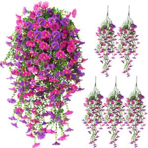 Artificial Hanging Flowers for Outdoors, 5Pcs UV Resistant Faux Petunias, Realistic Fake Silk Long Vines Morning Glory Eucalyptus for Outside Indoor Planter Porch Patio Home Decor, Mix