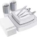 FOCUSLINE 175 Count Silver Dinnerware Set for 25 Guests, Disposable Square Plastic Plates with Diamond Rim, Includes 25 Dinner & Dessert Plates, Napkins, Cups, Cutlery Set for Wedding Parties