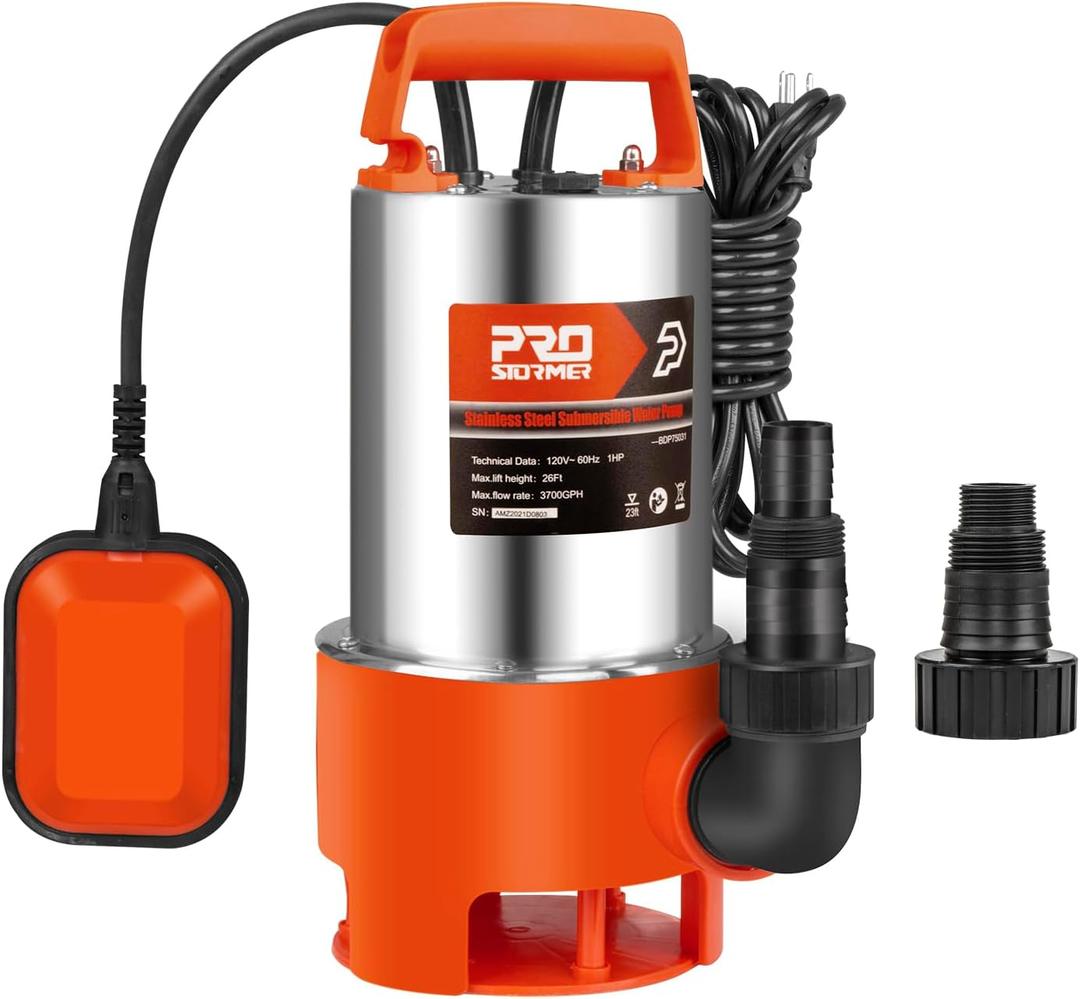 Prostormer Sump Pump, 1HP 3700GPH Submersible Clean/Dirty Stainless Steel Water Pump with Float Switch for Fresh Water, Mains Water, and Pool Water Orange