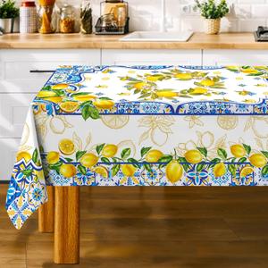 Lemon Tablecloth 60 x 84 Inch Rectangle, Yellow and Blue Mediterranean Summer Decor Tile Flower Pattern Table Cloth Italian Themed Decor for Party Oblong Table Cover for Dining Room