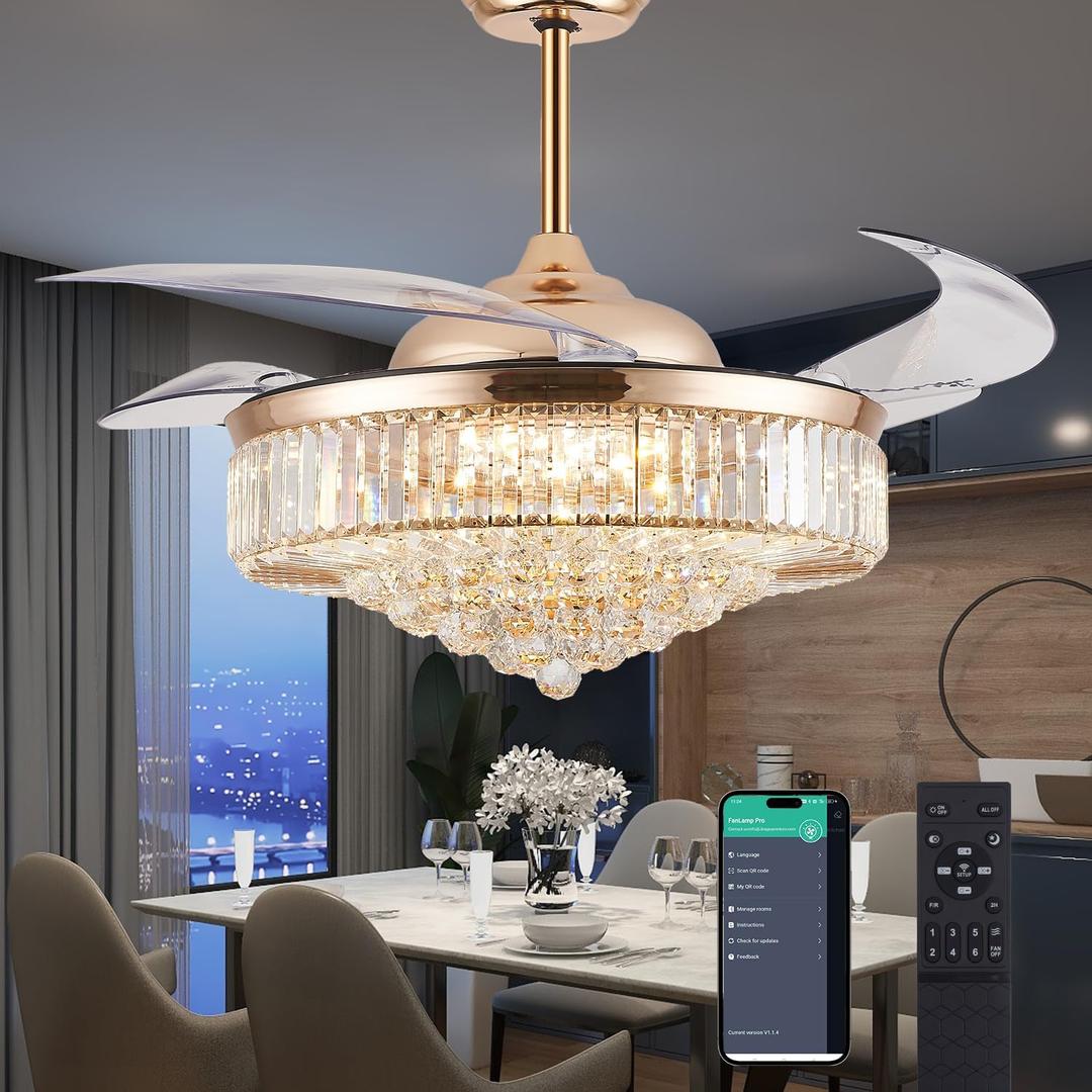 DuMaiWay 52" Dimmable Chandelier Ceiling Fan with Lights,Retractable Crystal Fandelier Ceiling Fan with APP Control for Bedroom Living Room Polished Gold 6 Speed