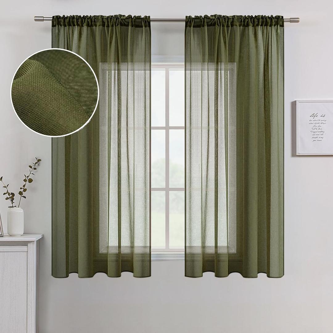 MIULEE Olive Green Linen Textured Sheer Curtains for Kitchen Bedroom, Semi Transparent Voile Farmhouse Window Treatment Dark Green Drapes with Rod Pocket 2 Panels W 54 x L 45 inches Long