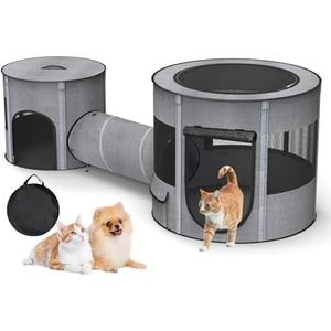 Portable Cat Playpen with Tunnel, 3 in 1 Foldable Puppy Play Pen, Waterproof Bottom, Enclosed 2-Room Separable Pet Tent for Indoor/Outdoor, Multi-Purpose Enclosure Crate Cage for Kitten Dog Rabbit