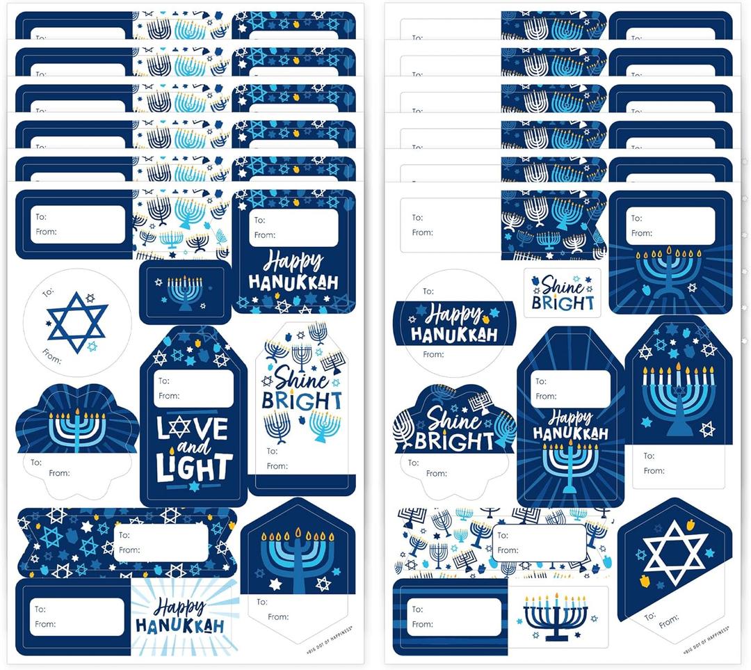 Big Dot of Happiness Hanukkah Menorah - Assorted Chanukah Holiday Party Gift Tag Labels - To and From Stickers - 12 Sheets - 120 Stickers
