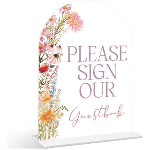 Please Sign Our Guestbook Sign - Wildflower Baby Shower Sign, 1 Pack Arch Acrylic Sign with Stand, Gender Reveal Party Table Decor, Floral Baby Shower Supplies (SE47)