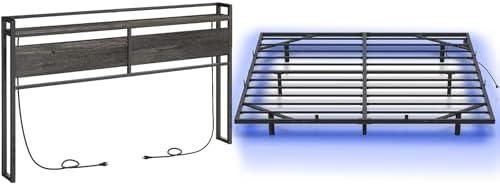 HOOBRO King Size Headboard and Floating Bed Frame King Size Bundle, Headboard with 2 Outlets and 4 USB Ports, Industrial Style Metal Platform King Bed, Soundless