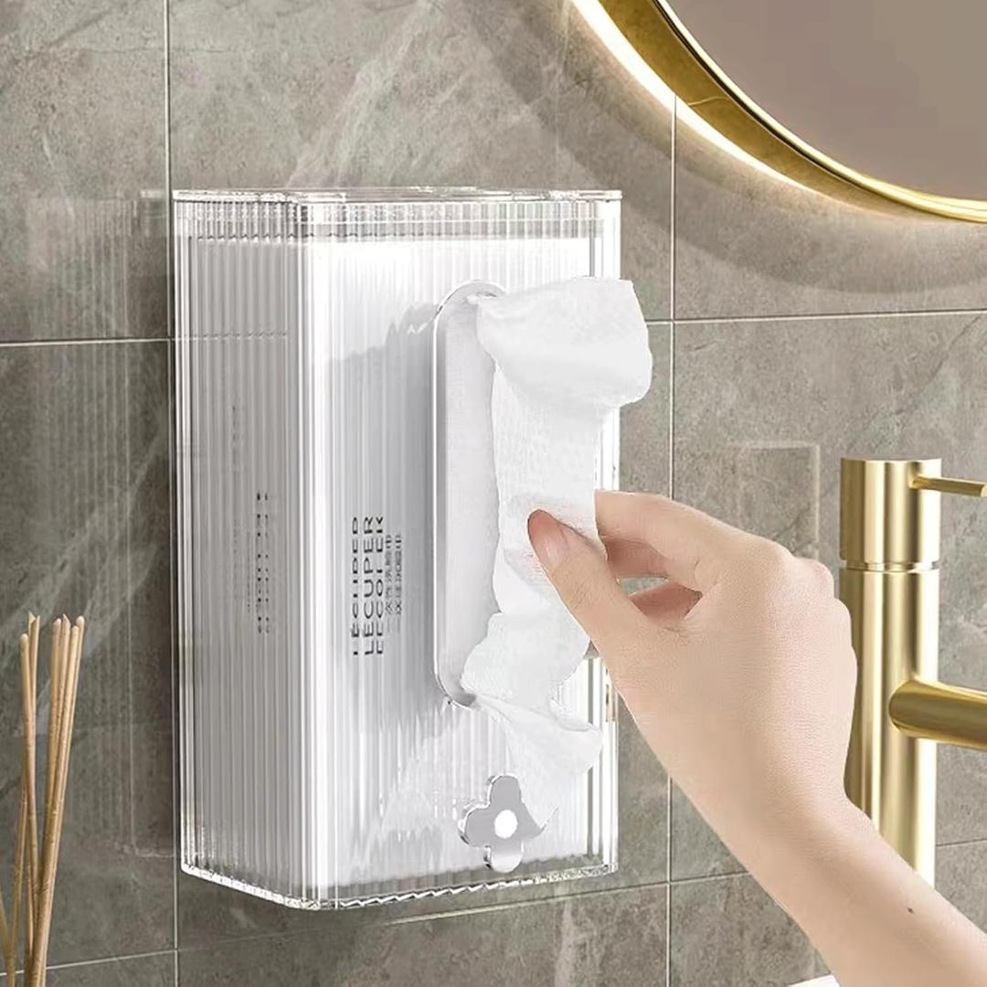 Tissue Box Holder Wall Mounted, Damage-Free Adhesive, Clear Tissue Box Holder for Bathroom, Kitchen, and Living Room, Plastic Decorative Tissue Box Home Decor Transparent