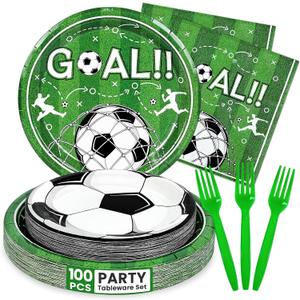 Mulbozy 100 Soccer Party Decorations, Soccer Themed Plates and Napkins Disposable Set Includes 25-9" & 25-7" Dessert Cake Plates, Napkins, Forks for for Birthday Party Supplies