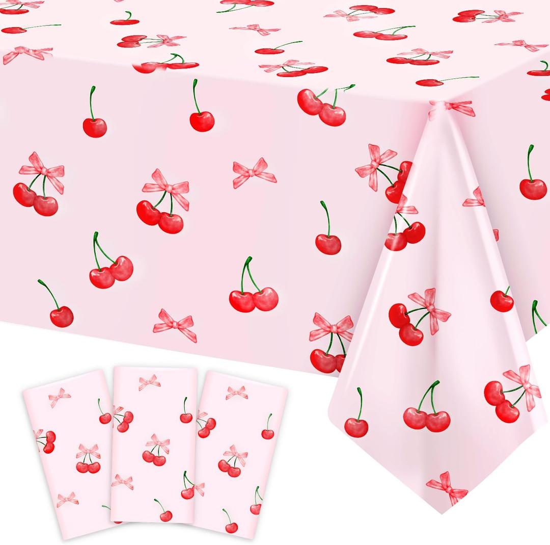 3pcs Cherry Birthday Decorations Tablecloths, Large Size Cherry and Bows Birthday Decorations Table Cloth for Cherries Themed Party, 54 x 108 Inch