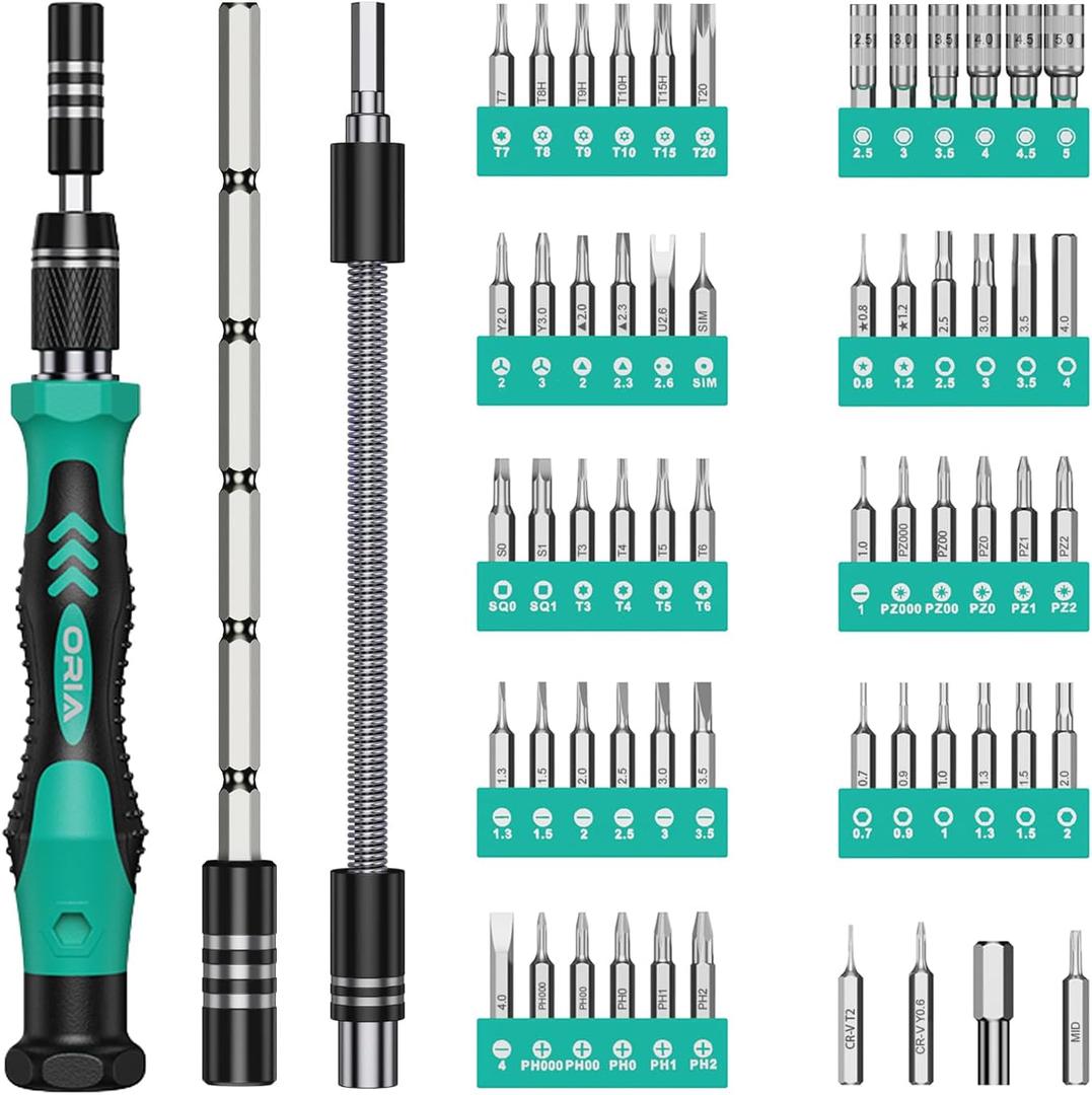 ORIA Small Screwdriver Set, 61 in 1 with 57 Bits Precision Screwdriver Set, Mini Repair Tool Kit with Extension Rod for Smartphone, Game Console, Tablet, PC, Green