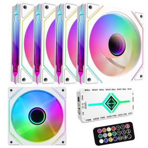 RGB Fans:5pack 120mm PWM ARGB Case Fan with Fan Hub and Remote,Speed Control,PWM Control Fan for Computer Case and Liquid Cooling System,White