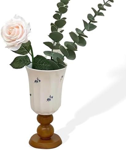 French Vintage Floral Ceramic Goblet Mug – Irregular Shape Coffee Cup with Wooden Base, Breakfast Cup or Decorative Vase for Home. Came Unglued