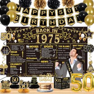 50th Birthday Decorations for Men Women,32PCS 50th birthday party kits,Including Vintage 1975 Backdrop,banner,Anniversary Card,Honeycomb,Balloons,Hanging Swirl,paper Poms,sash,Cake Topper