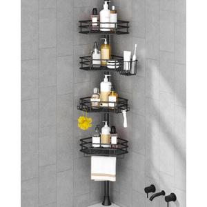 SEIRIONE Corner Shower Caddy Tension Pole, Quick Setup, Rust-Free Bathroom Shower Organizer Corner for Bathtub Shampoo Storage, 4-Tier Adjustable Shelf, Drill Free, Fits 39 to 113 Inch Height, Black