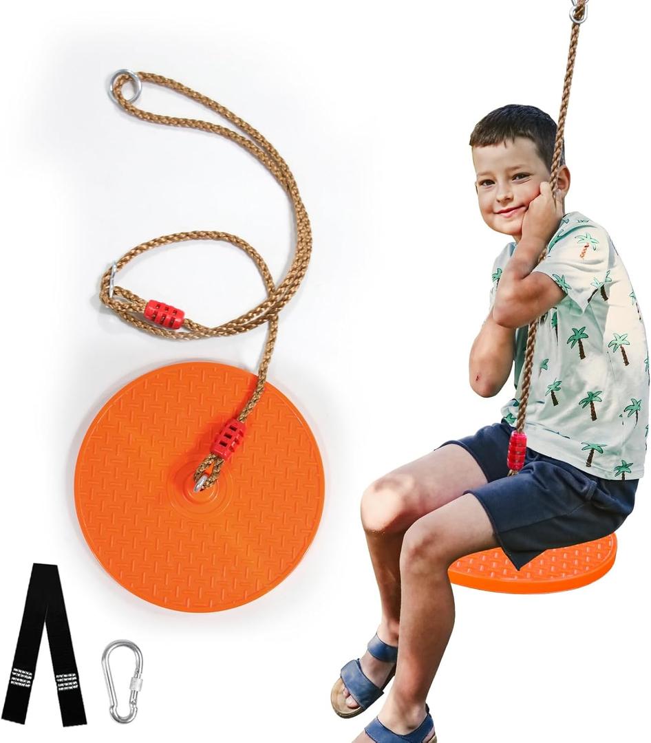 Rotating Disc Swing for Kids - 360 Swivel Seat, No Assembly, Portable Rope Swing - Indoor/Outdoor for Trees, 330lbs Capacity, Ages 3+ (Orange)