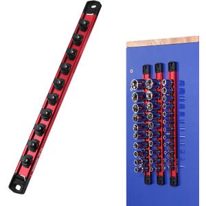 WORKPRO Magnetic Socket Organizer, 3/8" Drive Aluminum Alloy Socket Holder with 10PC Removable Socket Clips for Quick Customization, Socket Rail for Tool Box Drawer (Sockets Not Included) (Red)