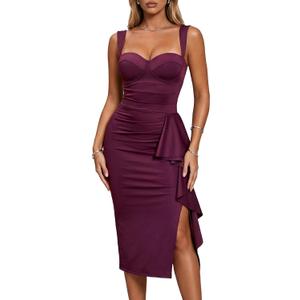 Women's Formal Evening Midi Cocktail Dress Built-in Bra Ruched Sleeveless Slit Ruffle Fall Wedding Guest Dresses S