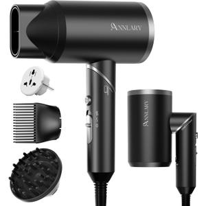 ANNLARY Dual Voltage Travel Hair Dryer with Diffuser & Comb, 1800W Portable Foldable Blow Dryer, Plasma Ionic Hairdryer for Frizz Control & Shine, Low Noise, 110V-120V/220V-240V European Use