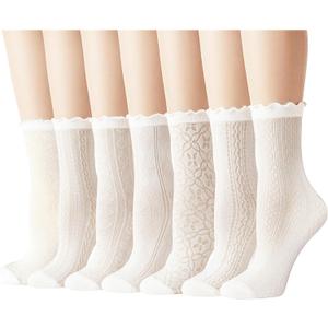 Cityelf 7 Pack Women's Black Ruffle Socks Mesh Lace Cotton Casual Crew Ultra Thin Frilly Ankle Socks