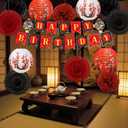 Hibachi Birthday Party Decorations - 14 Pcs Red Black Gold Cherries Blossom Banner Paper Fans Lanterns Honeycomb Balls Pom Poms Set, Japanese Style Happy Birthday Party Supplies for Men Women