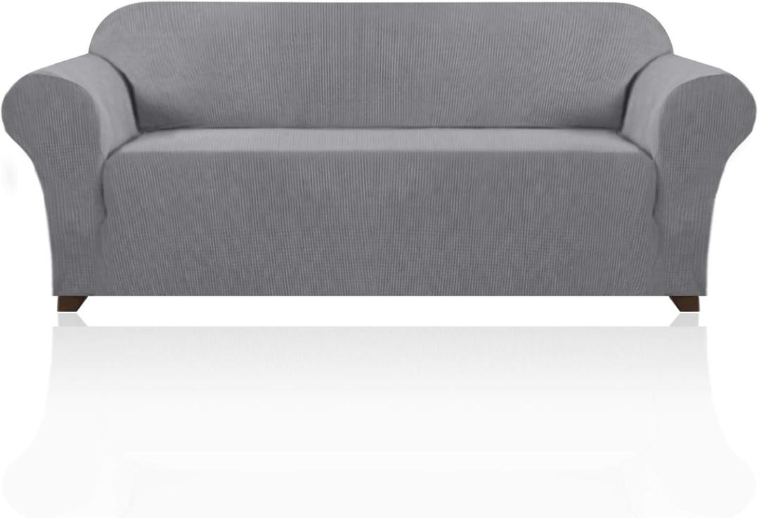 PrinceDeco Stretch Sofa Cover Slipcover Couch Covers for 3 Cushion Couch Furniture Protector Sofa Covers with Non Slip Elastic Bottom Dogs Pet Friendly Fitted (Sofa, Dove)
