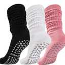 Pilates Socks with Grips for Women, Yoga Slouch Socks, Non Silp Scrunch Slipper Long Sock for Hospital Barre Workout