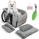 Center Console Dog Car Seat for Small Dogs & Puppies - Travel Carrier for Console with Built-in Safety Leash, Foldable Design, Dual-Sided Cushion, Puppy Booster & Bonus Yellow Chew Toy (Green)